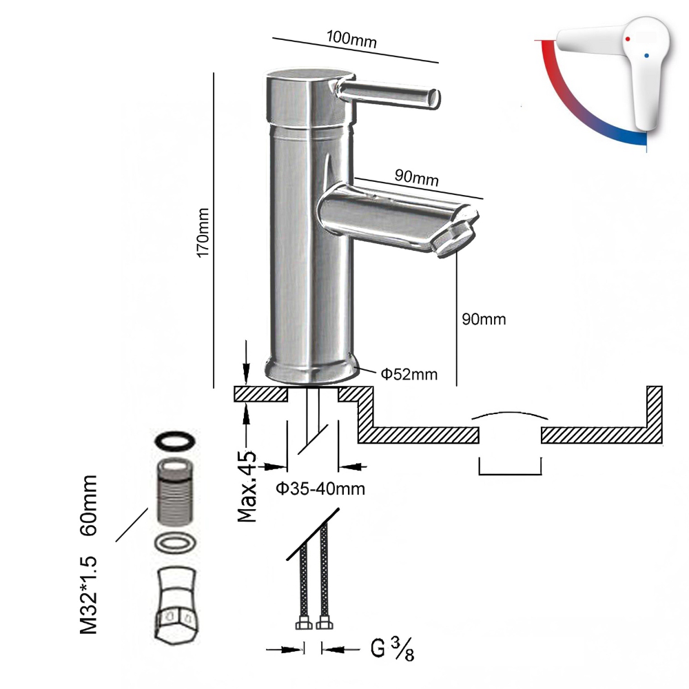 Torneira de Lavatório Cromada com Bica Baixa e Abertura a Frio - MODICU CROME GRIFERS